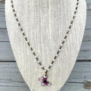 Pink butterfly charm, pearl brass chain necklace